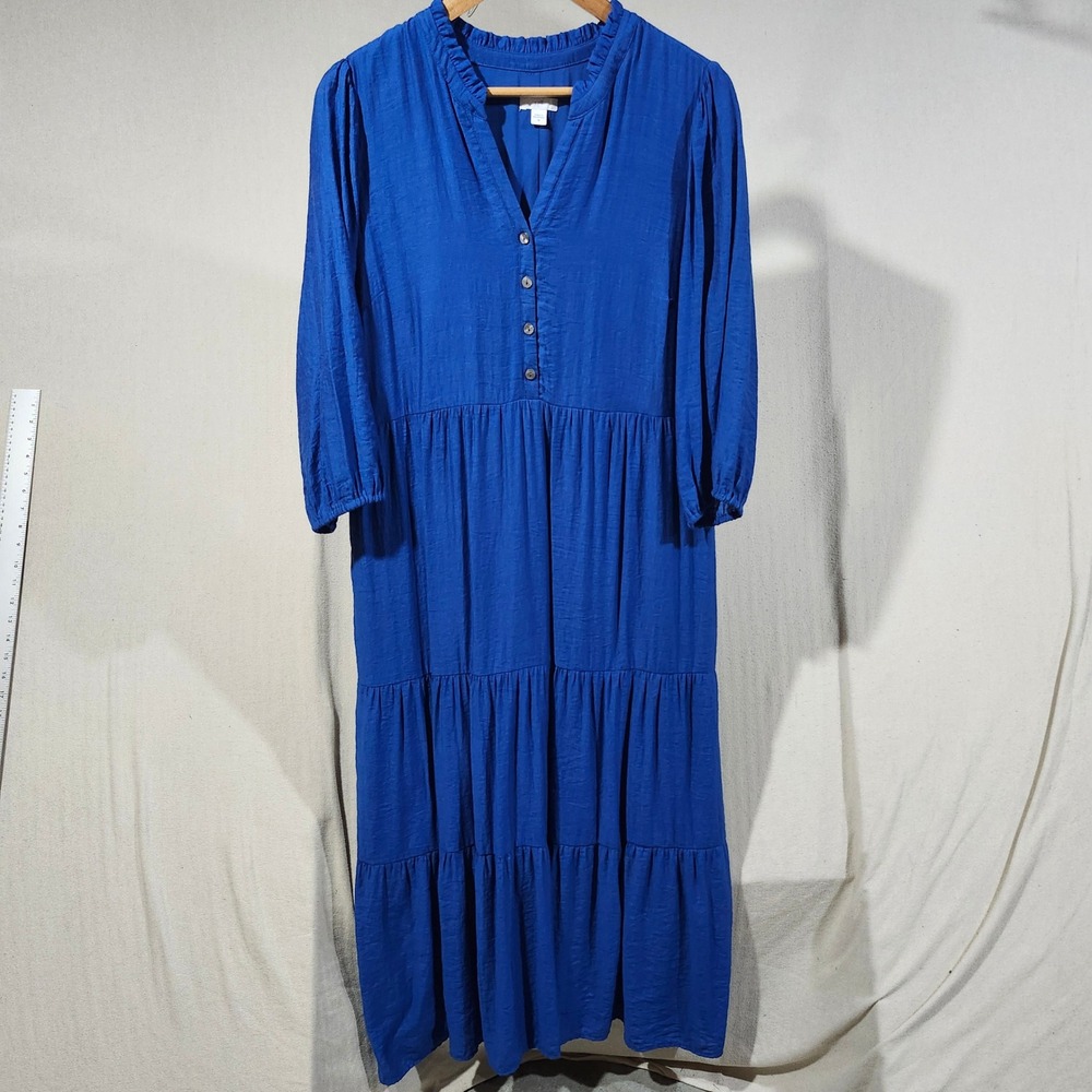J.Jill Cobalt Blue Tiered Maxi Dress Ruffle V-Neck 3/4 Puff Sleeve Women Size M